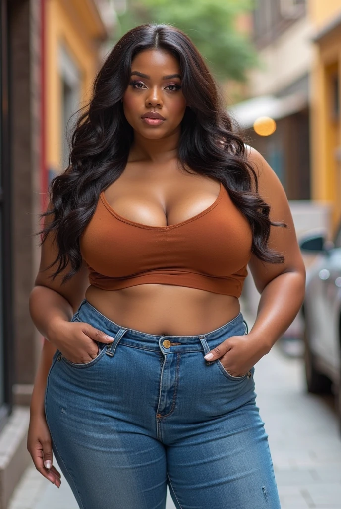 ((Masterpiece)), ((best quality)), 1 irl, gorgeous black African American 20 year old woman, perfect face, perfect curvy body, perfect long wavy brown hair, beautiful green eyes, slim thick, wearing brown flannel, blue jeans, walking on the side walk, outdoors, playful face, big thick thighs, dark skin