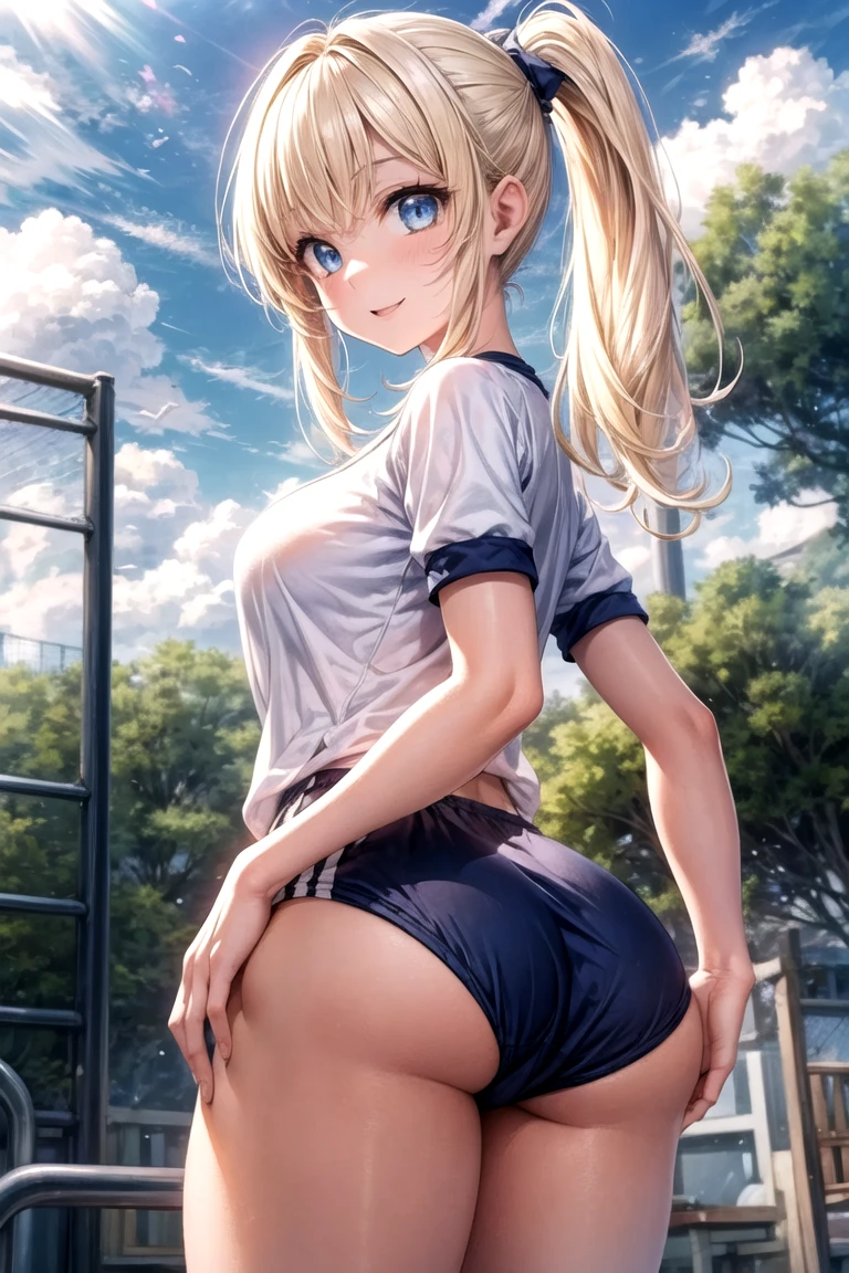 <lora:gs_priestess:0.3:lbw=NP> gs_priestess kawaii petit cute 1girl, blonde hair, very long hair, sidelock, bang hair, between eyes, blue eyes, eyelashes, medium breasts, thigh skindantation Smiling, <lora:_TrueBuruma:0.4:lbw=DF> gray buruma, white gym_uniform, white high socks white shoes