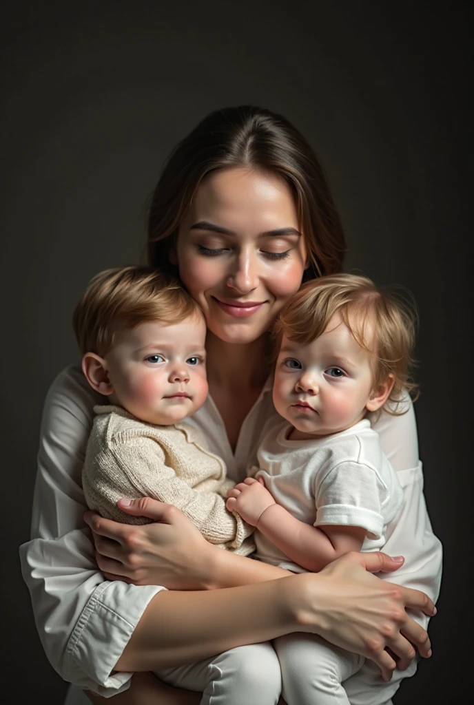 Highly detailed images,realistically,A beautiful young woman wearing a simple outfit holds two babes.