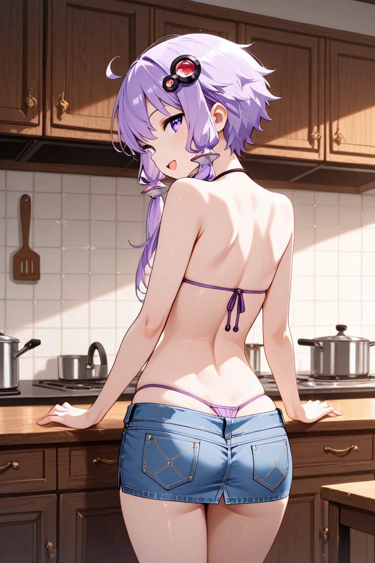 from behind,highres,(best quality),incredibly detailed,natural lighting,kitchen,1girl,sexy pose,(highly detailed face),looking over shoulder,purple eyes,sidelocks,silver hair,long ponytail,standing,long shirt,see-through,medium breasts,perky breasts,covered,,(black and purple lace panties)