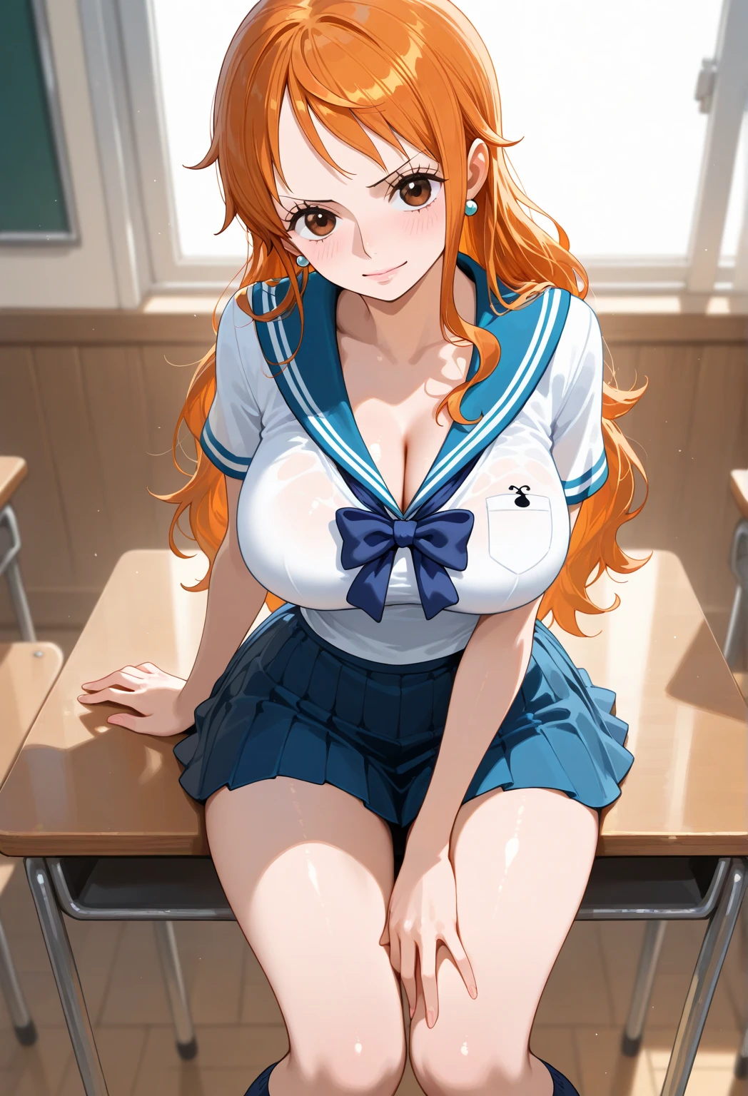 masterpiece, best quality, ultra-detailed, 1girl (namiop, Big and pretty breasts, , jewelry, earrings, dog collar, orange hair,long hair, brown eyes), wicked smile, makeup, glow lips, facing viewer, looking at viewer, solo, sailor, cleavage, navel, pleats skirt, mini skirt, wanostyle, night time, in the classroom, standing, Sexy waist teasing, , from_below 