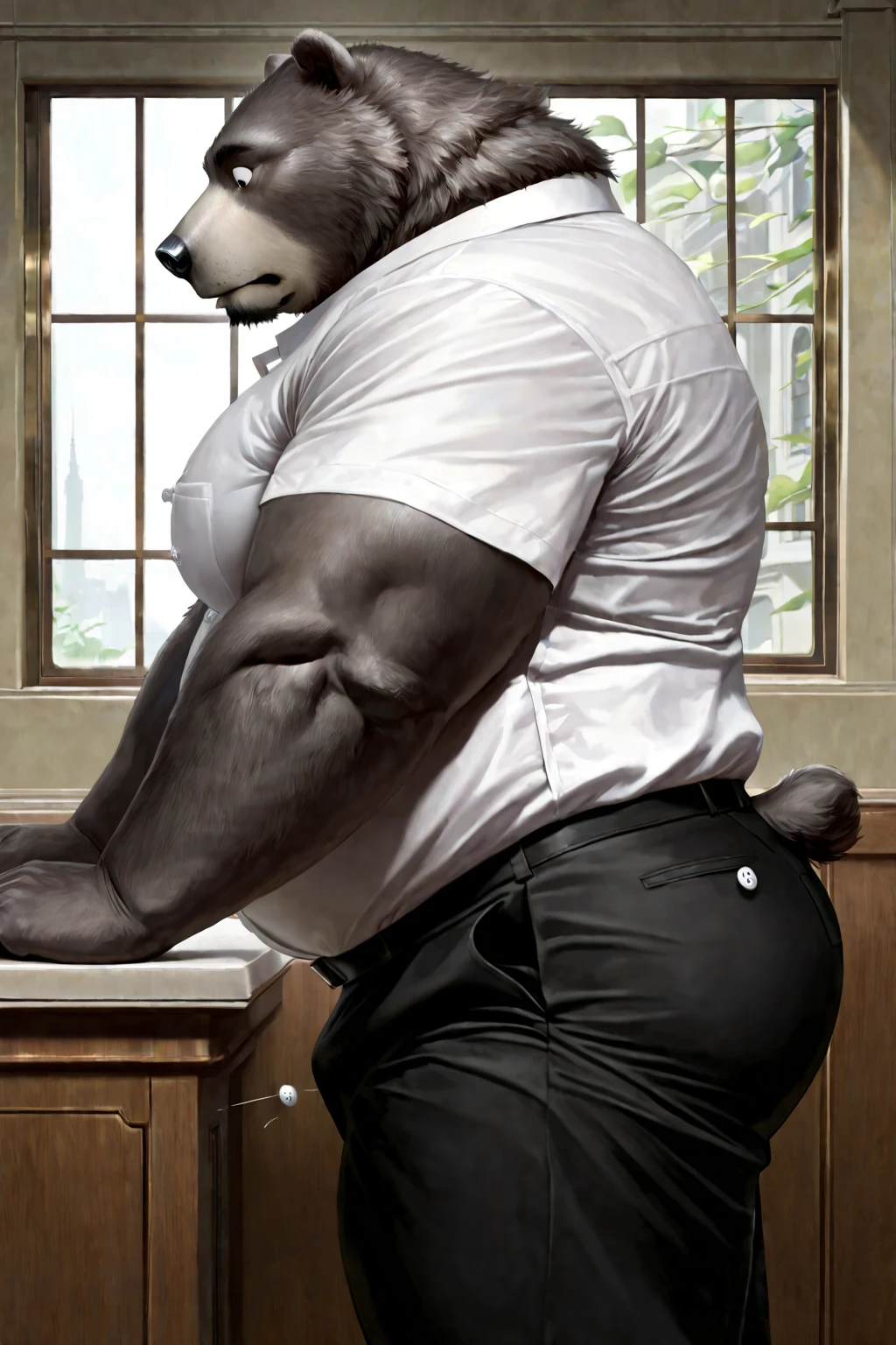 male gorilla, muscular athletic, naked, posing sensually, wearing a formal suit with his pants down showing his erect penis, unbuttoned shirt revealing his torso, during the day, in the office, NSFW, whole body, well detailed, Good quality, big body