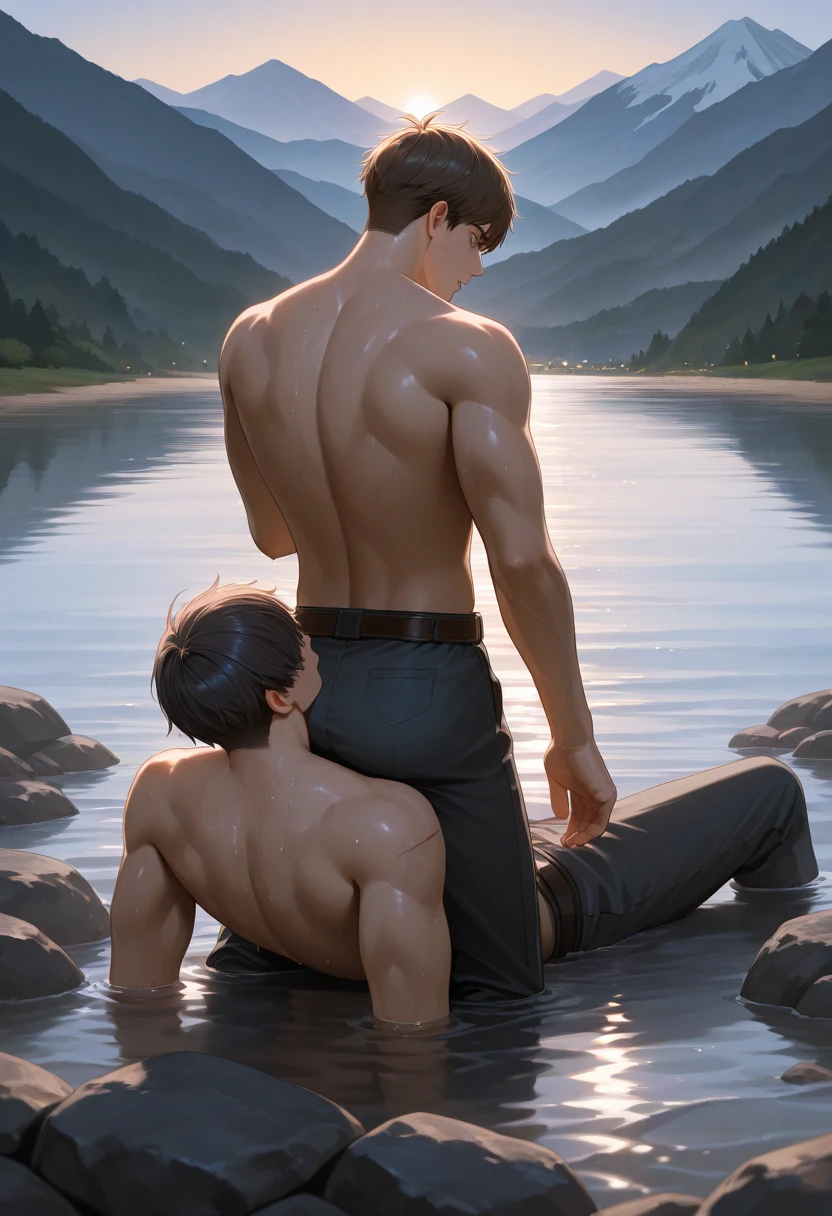 best quality, masterpiece, highly detailed, close up, extremely attractive man, muscular bodybuilder, long middle parting hair, white translucent gstring thong, anal sex with another skinny man, sensual kamasutra sex position, dripping precum, in lush greenhouse, side view, extremely romantic atmosphere, ambient lighting, dramatic shadows, perfect face, perfect hand, perfection