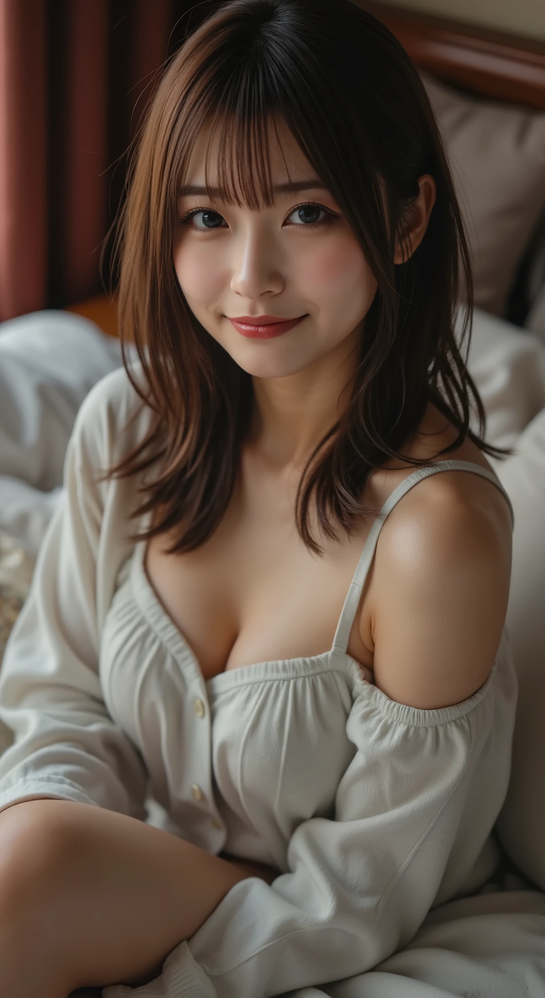 (top-quality、masutepiece、超A high resolution)、、(inside in room、Looking at the camera、Kamimei、Medium hair:1.1、Brown hair:1.1、a smile:1.5)、(cleavage of the breast、Semen、a wet body:1.3)、a beauty girl、kawaii faces、(Sweaters、skirt by the、Black Knee High Socks)