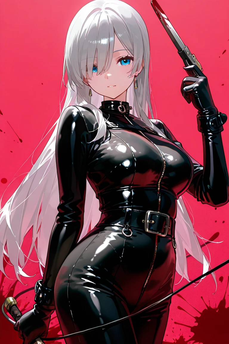 masterpiece, best quality, 8K, Digital painting, 1 girl, solo, stand up, youth, White hair, long white hair, red eyes, round pupils, Emotionless expression, jumpsuit, Long black gloves, One-piece bikini, tight latex one piece bikini, Highlight her graceful figure, wrap the whole body, ((Raised sexy)), Long black gloves, Black latex bikini, thick thighs, Blood-red eyes, best quality, High resolution, Super detailed, Vivid textures, mask, tight latex bodysuit, Bangs, (cleavage), ((sfw))