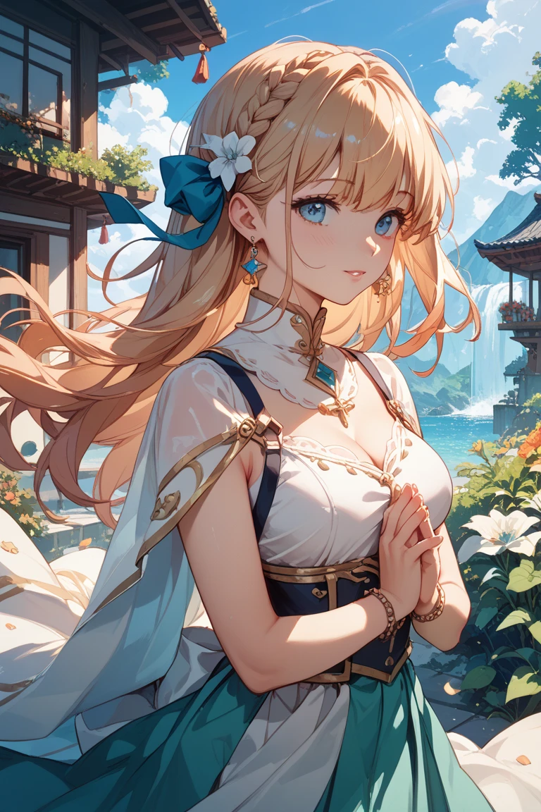 masterpiece,Highest quality,so beautiful,absurdes,Depth of written boundary,Chromatic_aberration,One girl,alone,smile,A beautiful woman with blue eyes and light blonde hair、goddess、White clothes、flower、Detailed landscape、Background Information、masterpiece, Garden, blue sky, Light blonde hair, Long Hair, Long eyelashes、Big Breasts