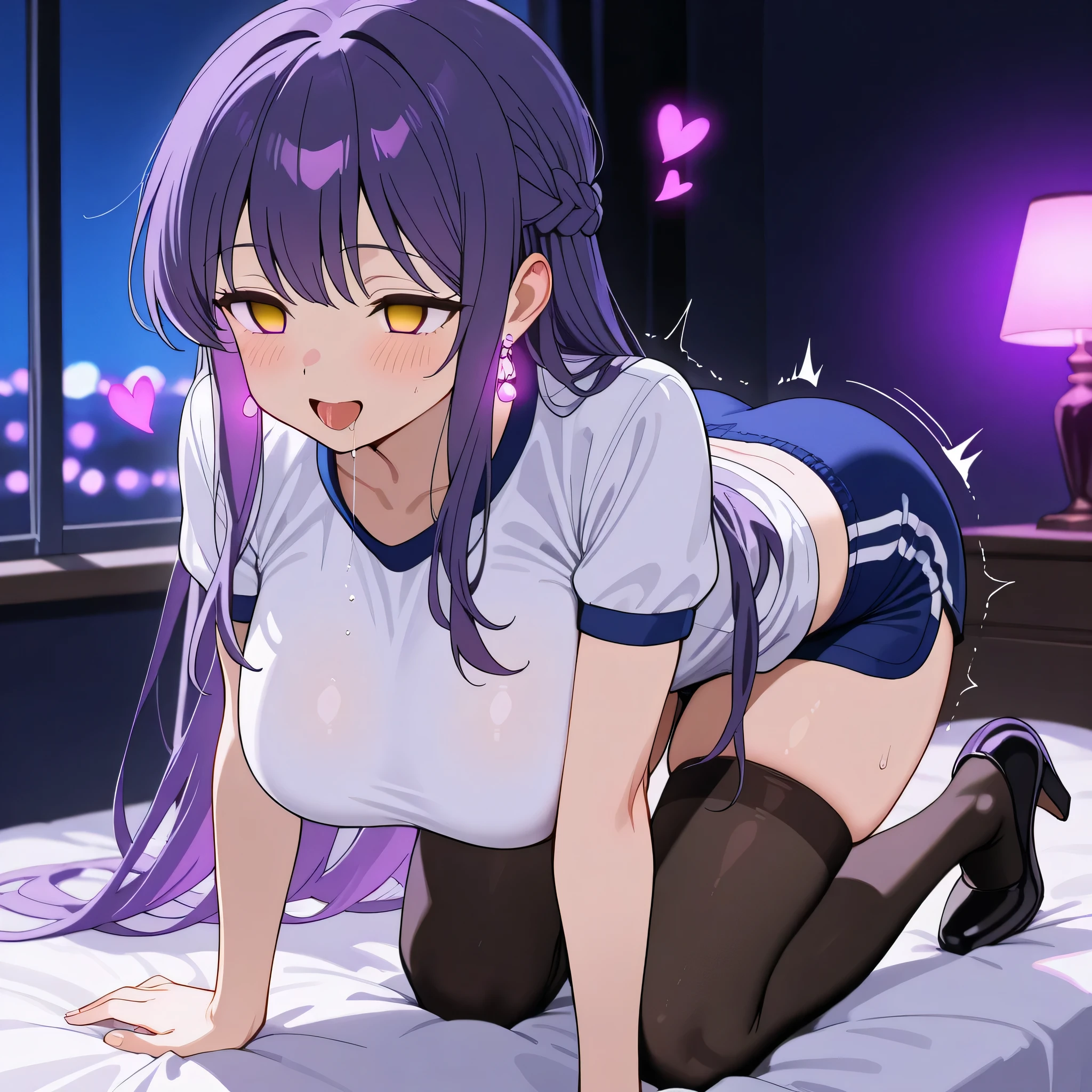 score_9, score_8_up, score_7_up, 1girl, sole female, only female, (top quality, 8k), high resolution, smooth, best quality, highly detailed, bedroom at night, in bed, purple light, (dark room), large breasts, glowing hypnotic waves in the background, at night, masterpiece, high quality, absurd resolution, blush, happy, glowing yellow eyes, empty eyes, orgasm face, bliss, orgasm, orgasm, breast focus, hanging breasts, gym uniform, white shirt, boob tent, seethru silhouette, boy shorts, jewelry, earrings, very long hair, purple hair, purple eyes, sidelocks, french braid, high heels, very thin legs, long legs, black thighhighs, saliva trail, drooling, a lot of saliva, motion lines, cowgirl position, glowing hearts, hands on bed, all fours, hanging breasts, motion lines by butt, trembling