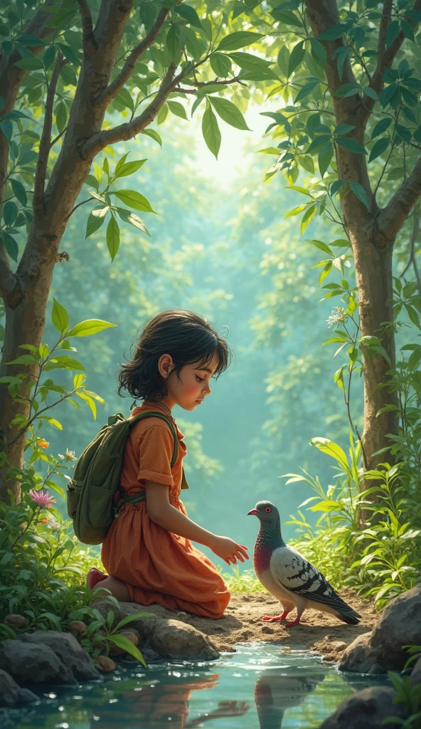 Meera walking through the forest and spotting an injured bird on the ground.* Small girl