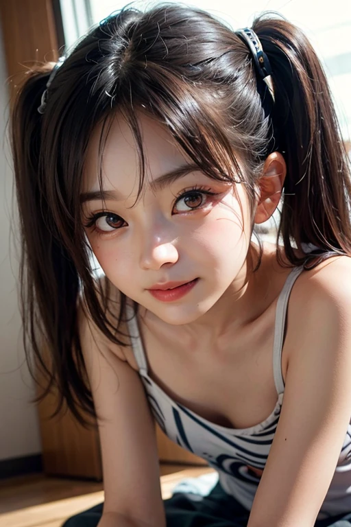 (Taken in long shot、Full nude shooting、hightquality、masterpiece、ultra res、8In K)、(japanese beauty girl(Clear eyes:1.3)、(10-year-old female model(Super cute face in idol style:1.2))、(girl with1a person、A smile、Looking at the camera、Lovely smile)、(Hairstyle in a ponytail、Bangs are snappy)、(Full nude shooting)、(My pussy is smooth, The pussy is super precise)、(Breasts are small、A well-balanced slender nude figure)、(girl withの頭から足までをTaken in long shot)、(Cute pink room, Pink lighting)、