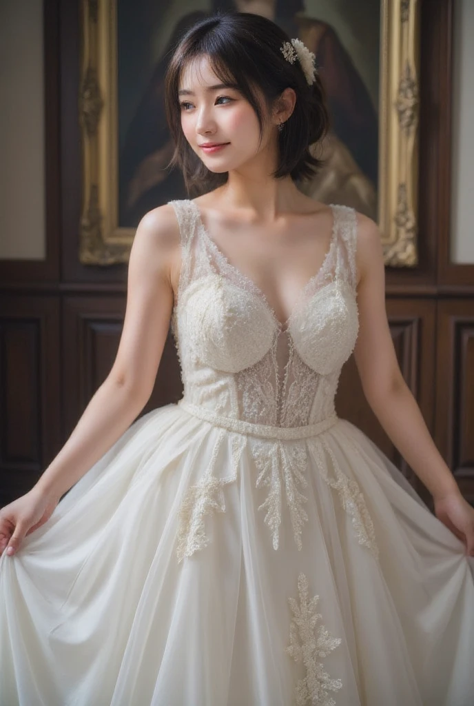 Beautiful 25 year old woman。She is wearing a wedding dress. She is smiling on illuminated by the evening church lights on the romantic sunset time. her dark brown short length hair. High resolution、masterpiece、highest quality、頭w:1.0、((Hasselblad Photos))、fine skin、(movie lighting)、clavicle . full body picture.