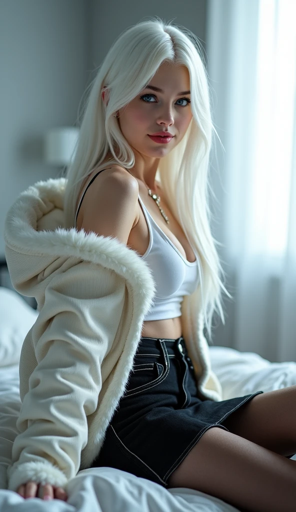1girl, 21 years old, beautiful girl, (lace bra, mini thong underneath), collarbone, beautiful blue eyes, ((bangs, long hair, platinum white hair:1.2)), natural make up, cabin, winter trench coat, day, denim, fur-trimmed_coat, fur-trimmed_jacket, lace bra, mini thong, thigh high winter boots, jewelry, big bust, (Gigantic Breasts:1.2, heavy hanging breasts, perfect round shape breast), realistic face ,(better lips, detailed nose ,detailed eyes ,cute face), looking_at_viewer, full body potrait, navel, necklace, half naked , most accentuated super huge enormously gigantic , outdoors, sky, snow, snowing, solo, window, winter, ((ultra detailed ,masterpiece ,hyper detailed, highest quality resolution, best quality, photorealitic ,cinematic light, bokeh)), beautiful korean girl, detailed_eye, face, detailed eyes