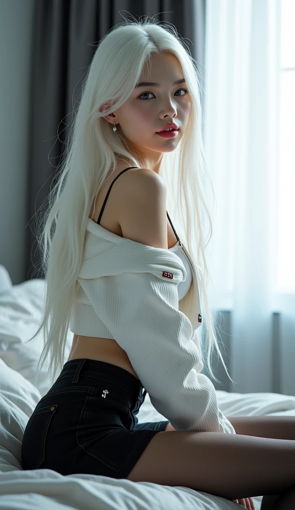 Digital Art, Digital Illustration, ((4K, 8K)), Ultra-detailed, beautiful image, Sharp Image, a close up of a woman in a short skirt and a grey sweater, sweater tucked into skirt, nylon tights, trending at cgstation, anime barbie doll, trending on cgstation, anime girl in real life, anime vtuber full body model, ((long white hair),(blue eyes), twin tails hair, ( 16 years old), (very small round breasts), on bed