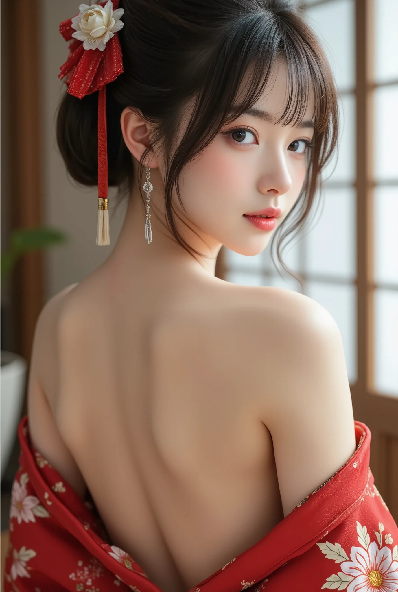 Japanese Young Woman．is wearing a kimono．(off-shoulder)．The kimono extends to the chest．The beautiful back is visible．(best quality, ultra detailed, absolutely resolution, Photorealistic, anatomically correct)