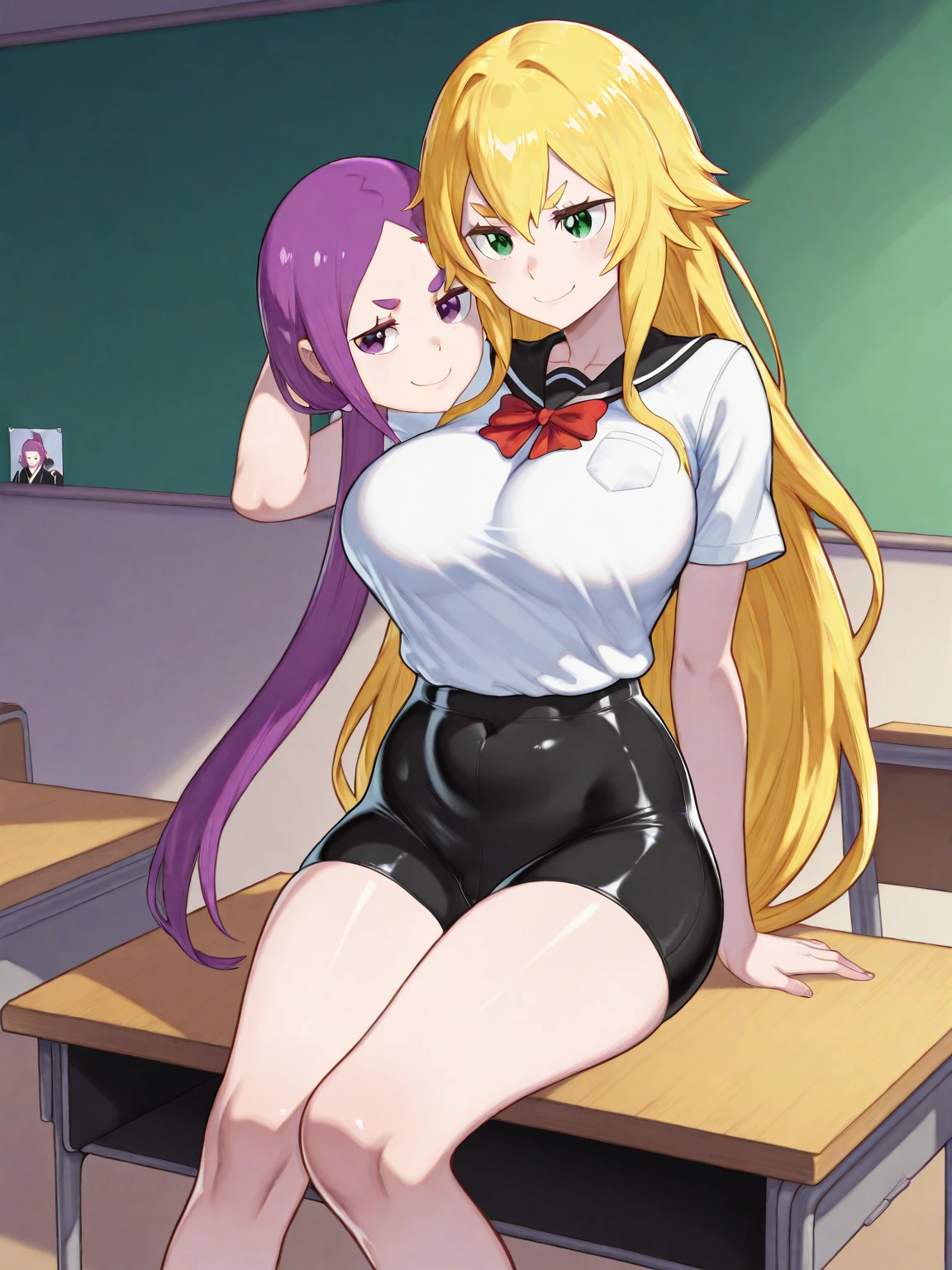 Lesbian (very long loose yellow hair)(big breasts, big thighs)(with  clothes it is very tight) that he is kissing at school with his girlfriend,(big breasts, big thighs)lesbian love