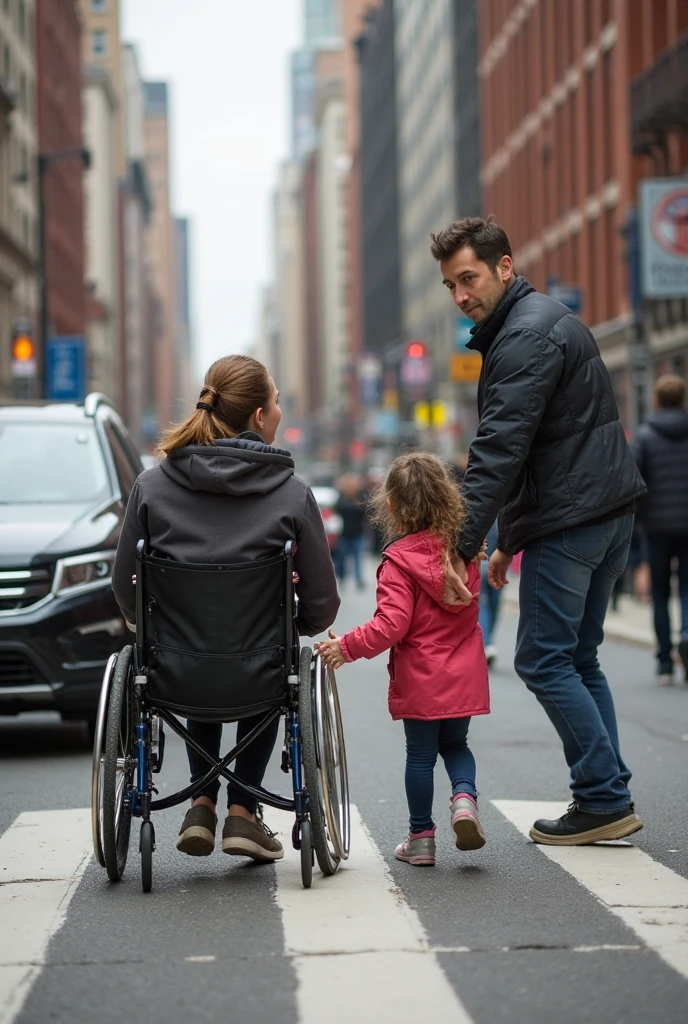 Mom pushes child in wheelchair across the street