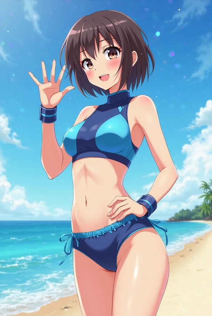 A woman, 21-years-old, solo, Caucasian, black hair, cyan hair, gradient hair, multicolored hair, ponytail, two-tone hair, blue eyes, cheerful smile, mature face, dark blue bikini top, dark blue bikini bottom, midriff, holding a beachball, beach, thin silver necklace, white bracelet, flat stomach