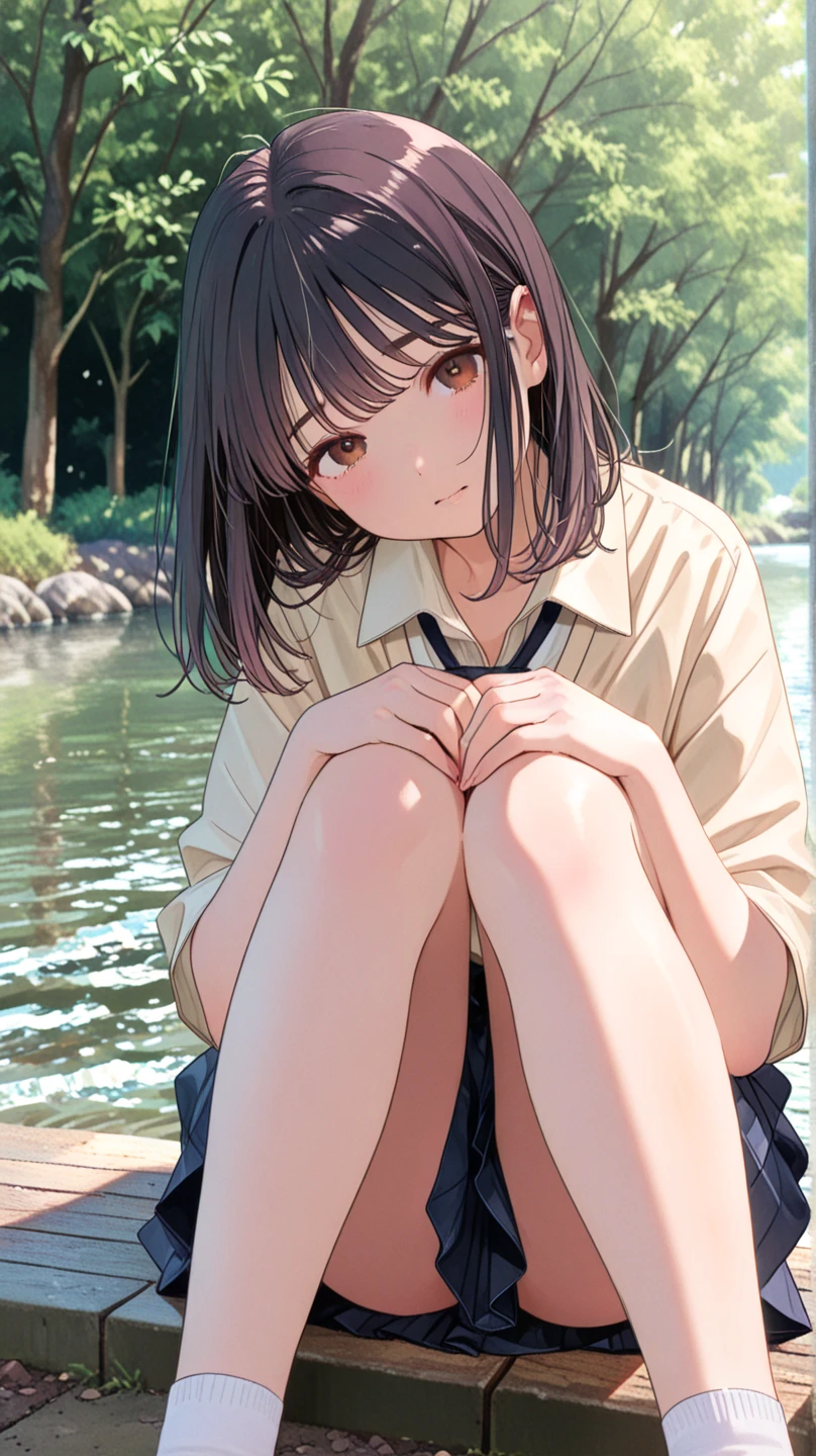 1 girl, solo, White Polo Shirt, White mini skirt, masterpiece, best quality, Super detailed, (Sweating:1.4), absurd, looking at the audience, short black hair, brown eyes,(Thick thighs:1.0),Sky,Tree,Awa Onsen,bath,bikini,rain,white,Charming smile,Underboob exposed,Flower headdress,Waving,love letter,Blushed,Squat down,Fold your hands on your knees