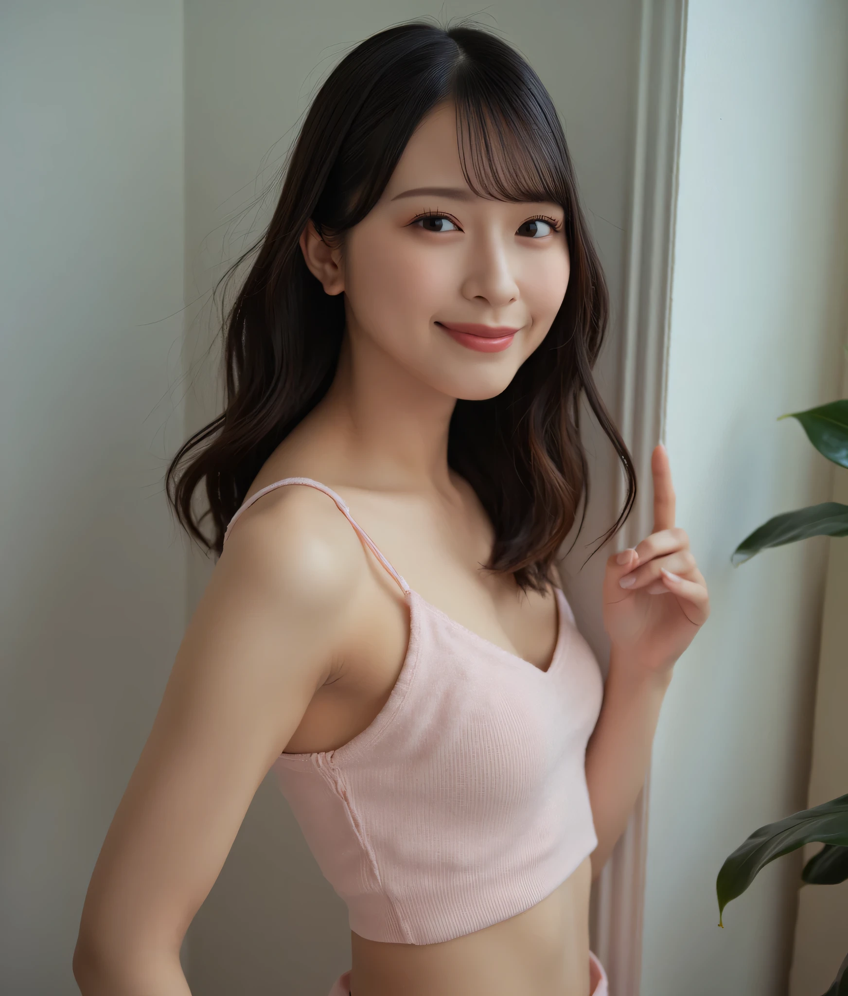 sasaki_maika, highest quality, figure, Very detailed, In detail, High resolution, 8k wallpaper, Perfect dynamic composition, Beautiful fine details,Wavy long hair,medium breast、Saggy breasts、Small nipples、Natural color lip, Bold  pose,smile,Late night office、20-year-old girl、Very beautiful face、Subjects striking  poses for the camera，Sculpture model pose、Pastel colored tight camisole、Micro Mini Skirt