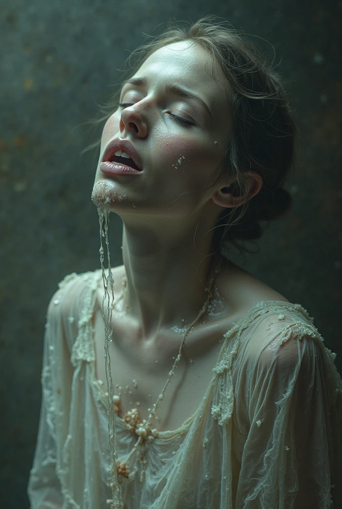 best image quality, masterpiece, ultra high resolution, (fidelity :1.4), photograph, 1 girl,[(sorrow)],white shirt, 薄dark, dark, Desperate, regret, pitiful, cinematic,tear,teardrop,(torn clothes:1.5), (wet clothes:1.4), bare shoulders,real rain,wet hair,..