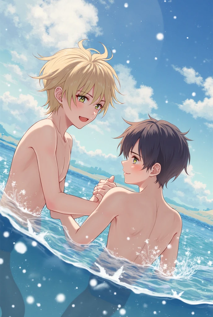 ((Best quality)), ((masterpiece)), 2 cute thin handsome boys 12 and 13 years old. Cuddling shirtless in the water