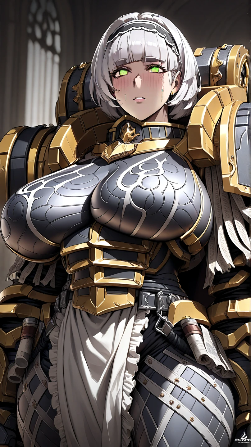 Yellow translucent armor，Arm mecha，Short pink hair，Wavy hair style，Large Breasts，cleavage，Pistol hanging from waist，fighter pilot，fighter hangar，sexly，Lipstick，Gray eyes，stockings，Short skirt，Smile，Red glasses，earrings，lipstick，Nipple showing