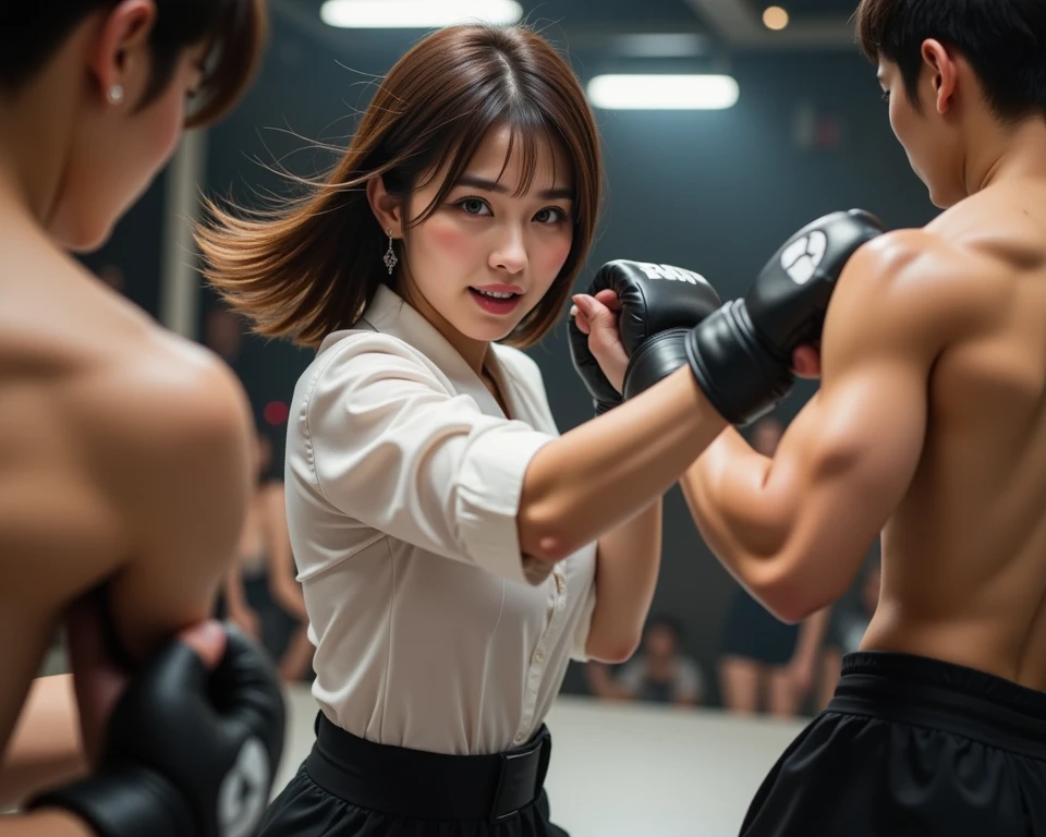 (highest quality、4k、8k、High resolution、masterpiece: 1.2)、Super detailed、(Real、Photorealistic、Photorealistic: 1.37)、SF、cyber punk、One beautiful young woman、very beautiful、Detailed eyes、Long eyelashes、Seductive Lips、A Nose that Shows Intelligence、Porcelain-like skin、Sweat、((Violently punch and kick:1.6))、Arms move quickly、Quick leg movementotion blur effect))、(Dynamic Pose)、Futuristic Fashion、Light pink metallic bodysuit、Cowboy Shot、Street Fight、