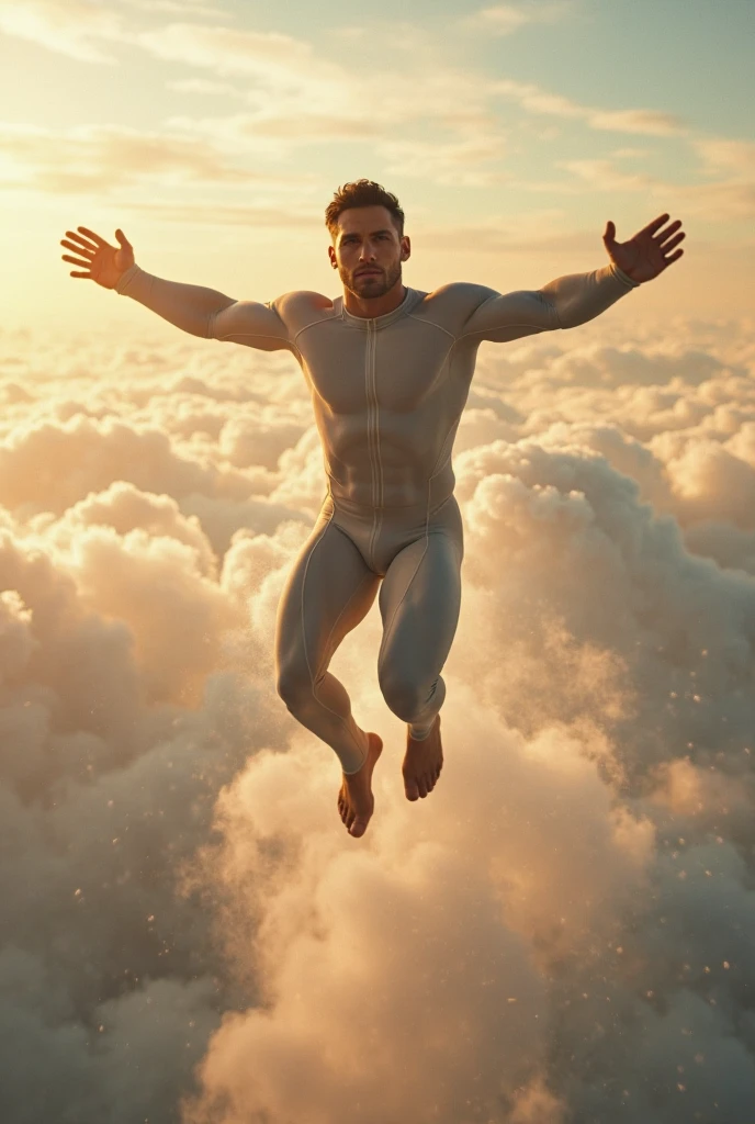 Handsome man flying among the clouds in tight clothes