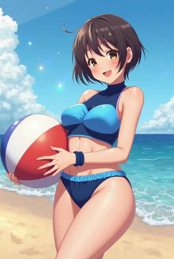 {{{{{masutepiece,Best Quality,ultra-detailliert,8K}}}}},1 woman,Happy laughter,Beautiful ponytail hairstyle,Beautiful face,beautiful large blue eyes,Have a beach ball,Beautiful summer beach background,(dot pattern swimware),