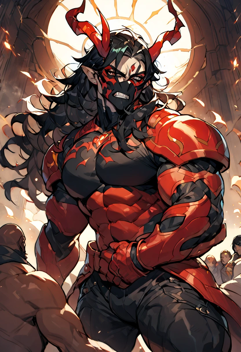 oni masked character, big muscle with  technical techwear