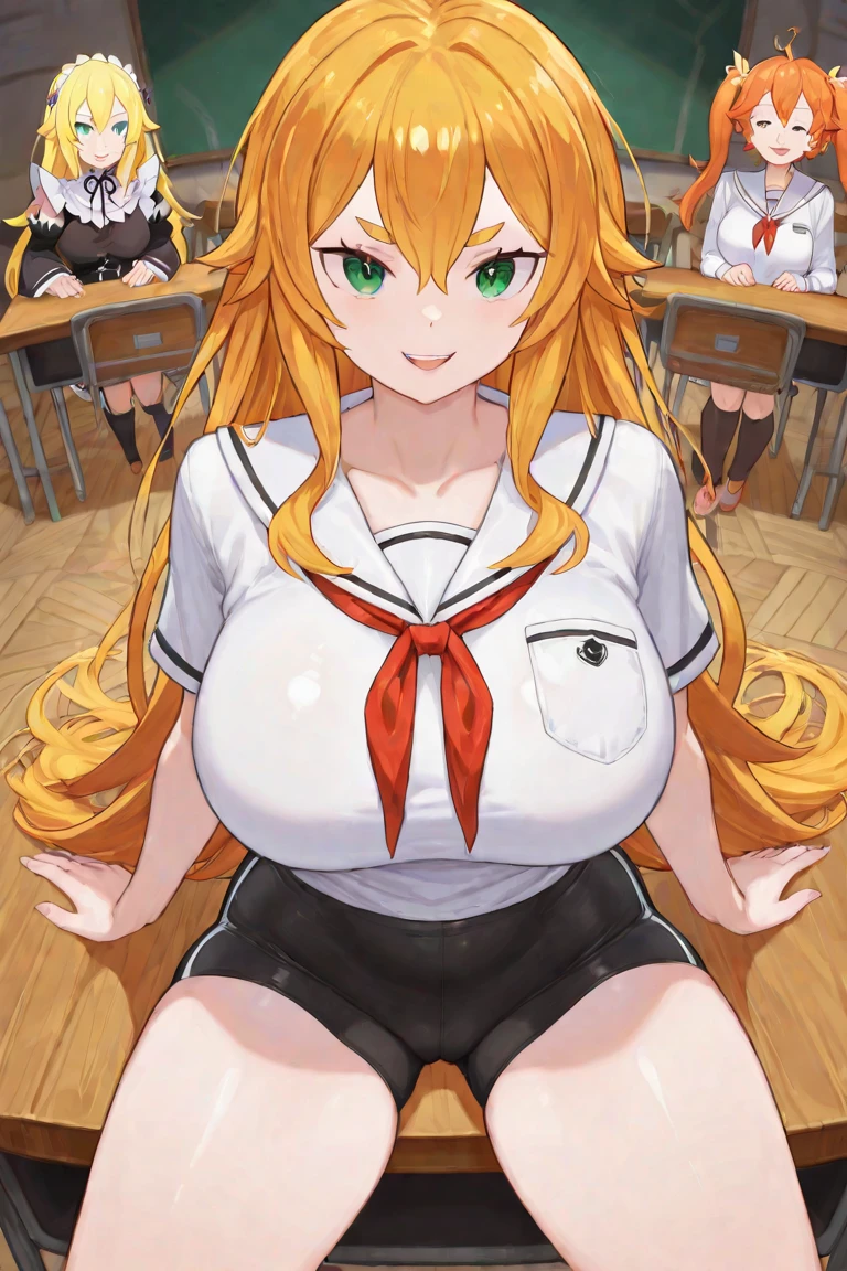 Shokuhou Misaki, In the classroom, Blonde, Straddling a man's lower abdomen, Inserting the penis into the vaginal opening, Sperm drips from the vaginal opening, Small breasts, Spread your legs, smile, Open your mouth and stick out your tongue, Holding a TV remote control, pregnancy