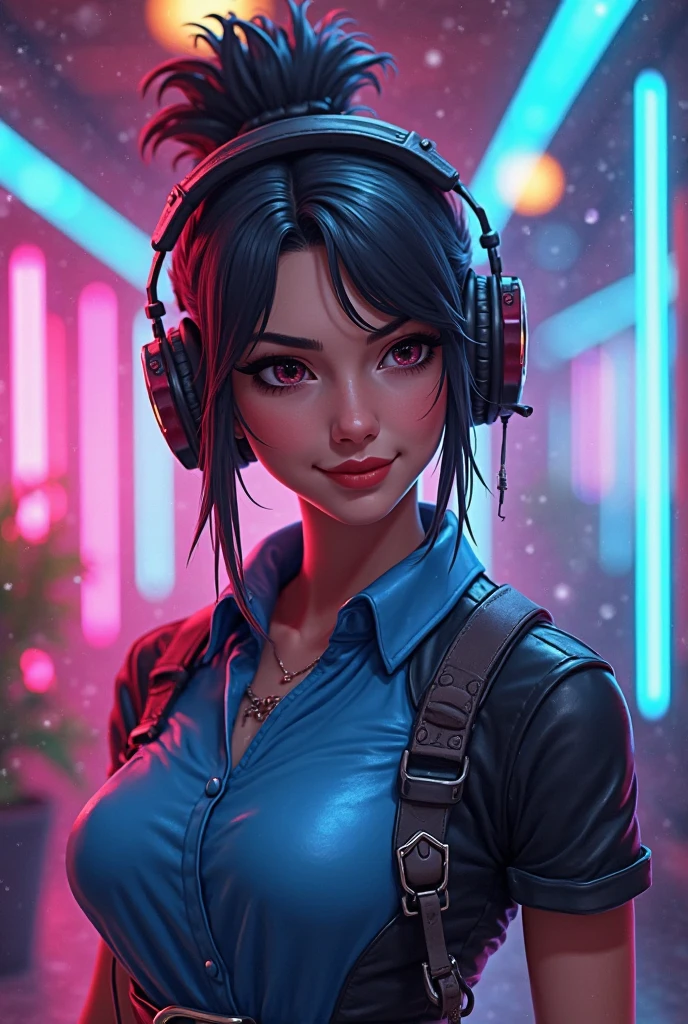 Image of a free fire gamer girl with dark hair, the background of a gamer girl and her name set as Sarah FF
