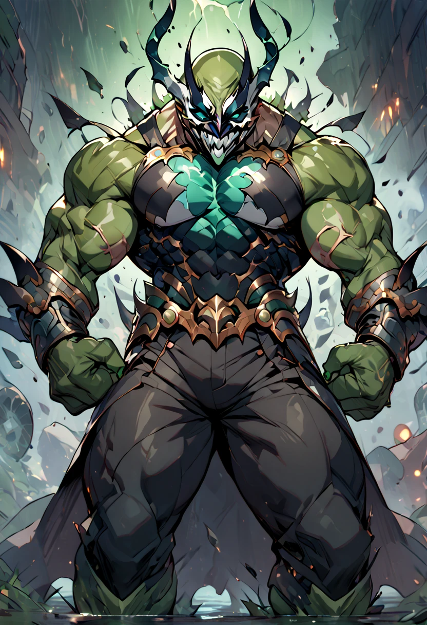 (Absurdres, high very detailed image, very detailed features, very detailed character, very detailed scene)
1character, evil, biomechanic humanoid reptilian, sadist, lord, monster, green scales, 3 orange eyes, laughing