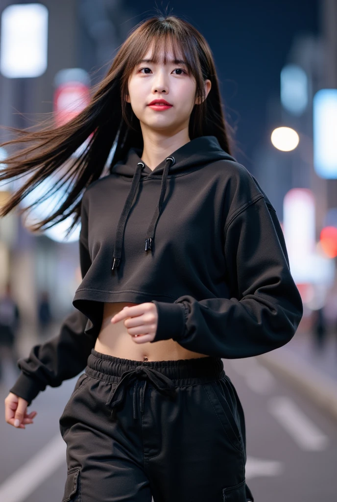 8K), (highest quality: 1.2), (realistic), (realistic: 1.37), ultra high resolution, (3 girls),(straight black hair), Giant Dulcefo, self snap,(school uniform),(black hoodie),(White hot pants),Standing in the city at night, whole body,long legs,beautiful feet,From the back,(Super small ass:1.3),ponytail,The lower part of her buttocks is slightly exposed from her hot pants.,back view,shot from behind,