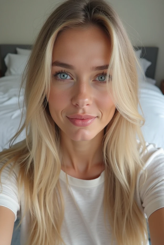young blonde, 20, solo, brown eyes, long hair cascading over her shoulders, big breasts subtly accentuated by a loose tank top, taking a selfie on her bed in the morning light, the room slightly disheveled from the previous night's activities, the meticulous details capturing every wrinkle on the quilt, every strand of her golden hair, every freckle on her fair skin, the soft glow of the morning light casting shadows that add depth to the realistic image.