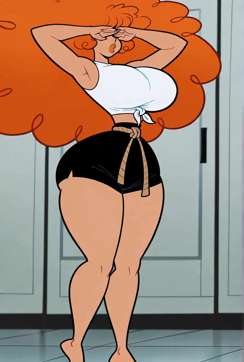 Miss Doublefinger, full body, sexy pose, huge round breasts, huge round ass, side view, perfil, high heeled sandals, wide hips, curvy, hourglass figure, elongayed slim body