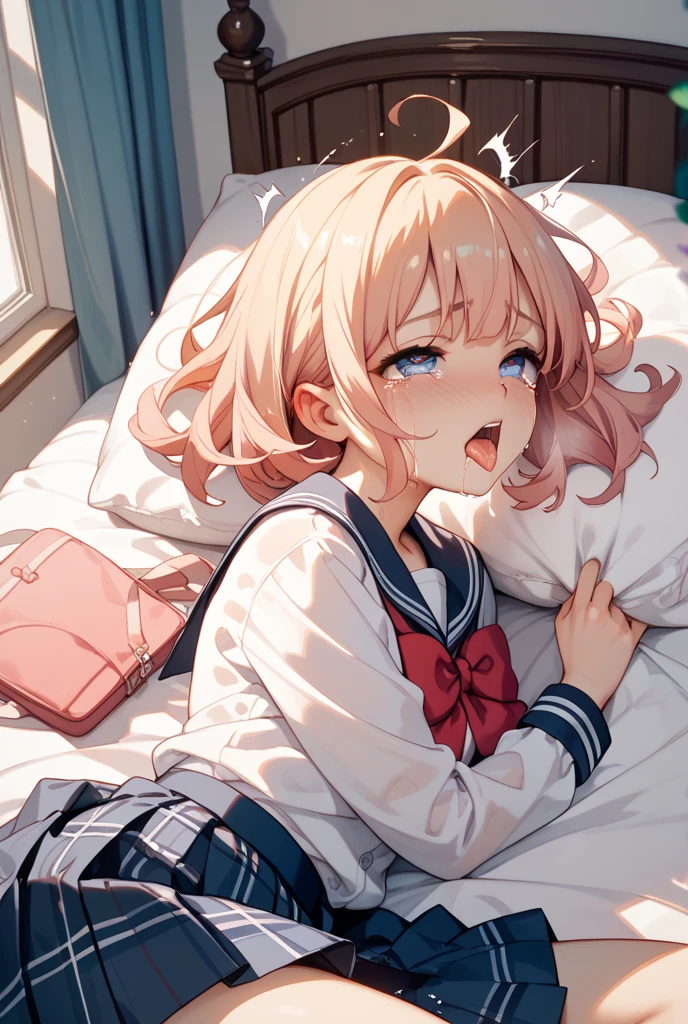 Lying in bed, blushing, with drool, sweat, and tears, eyes closed、カラフルなストライプの脱衣ポケモントレーナー♀の2人が体を掴まれ痙攣する