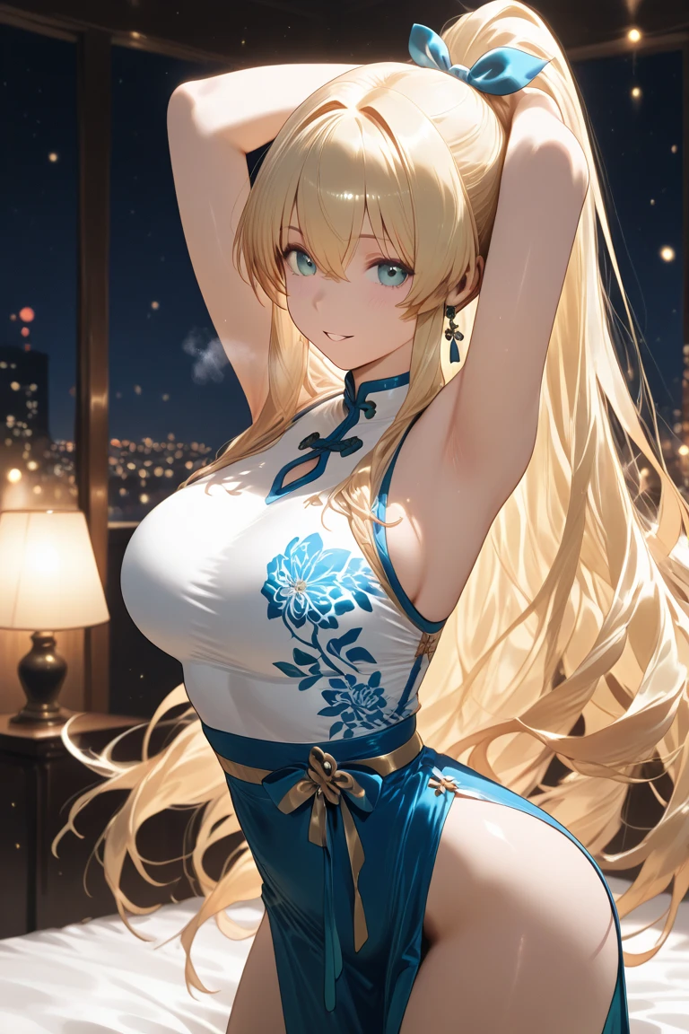 Beautiful woman with mid straight ponytail blond hair with blue eyes wearing an Black Tight Leggings With Golden Dragon Prints, a Royal Blue Sexy Criss Cross Mock Neck Mid Sleeves Blouse With Phoenix Prints, luxurious jewelry and a luxurious necklace, 18k gold wedding ring on left hand, fighting in a Japanese temple at night, (caucasian skin), (light brown lipstick), (elegant mascara), (slim body with abs), (small breasts), (wide hips), midjourney, <lora:GoodHands-, <lora:GoodLegs-, UHD, high resolution, (masterpiece:1.1, best quality), (expressive eyes, perfect face, full body, expressive face, perfect body, perfect pussy, athletic, fit, slim body, blushing, Perfect makeup, eyeliner, beautiful eyelashes, smiling, horny face), ((best illumination, best shadows)), ((fight pose)),