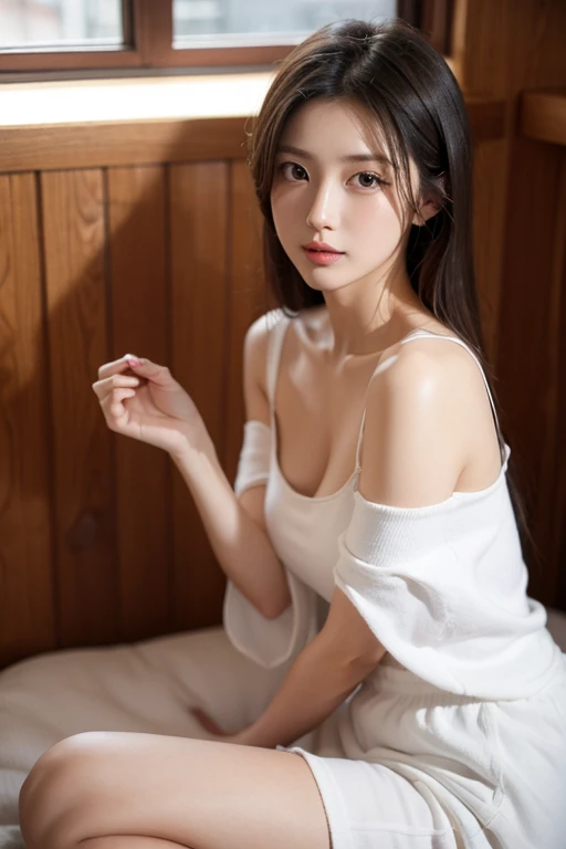 
best quality, face focus, soft light, ultra high res, (photorealistic:1.4), RAW photo, 1 korean girl, solo, cute, (pupil, lights in the eyes), detailed beautiful face, (big chest),(high resolution detail of human skin texture), (long hair), indoor, Shirt Dress, (portrait)big eyes,small lip,