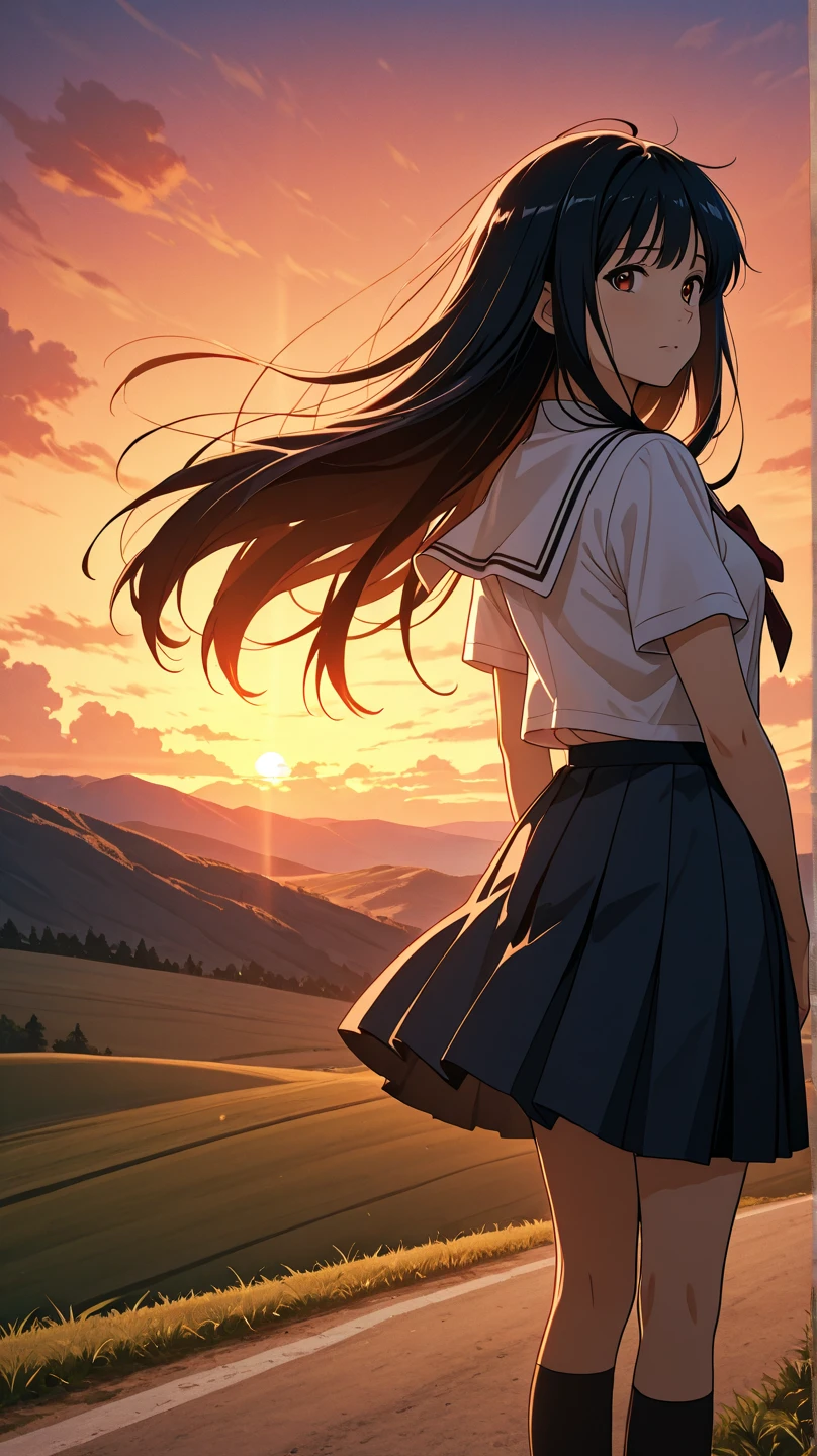 score_9, score_8_up, score_7_up, score_6_up, score_5_up, score_4_up, source_anime, aatomoyo, long hair, black hair, beret, white hat, straight bangs, purple eyes, small breasts, serafuku, white sailor collar, white scarf, black shirt, long sleeves, pleated skirt, white skirt sideways, field, sunset, wind, standing, cowboy shot, from behind, on all fours with her ass up, sexy position,