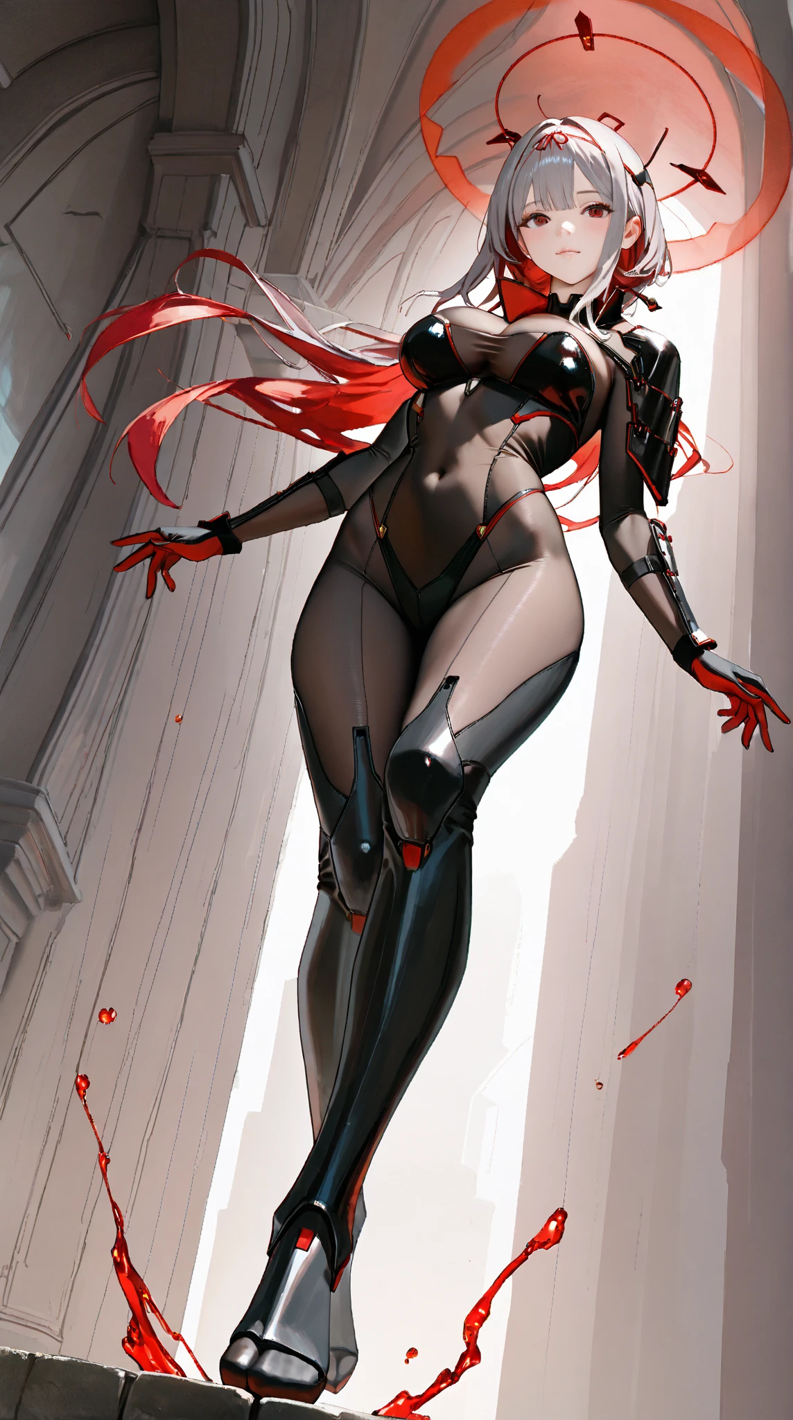 1humanoid woman ,30 years old,tall,fat body,angry face,(bare body),bare belly,sleeveless and shoulderless t-shirt,cleavage,medium breast,black hair,extra long hair,(((colored skin,Vantablack skin))),red sclera,a dark shapeless creature with a dark red glow and red eyes and surrounded by darkness,detailed eyes,elf ear,red pupils,sexy body,mature body,red halo, attacking a city in night,bare foots