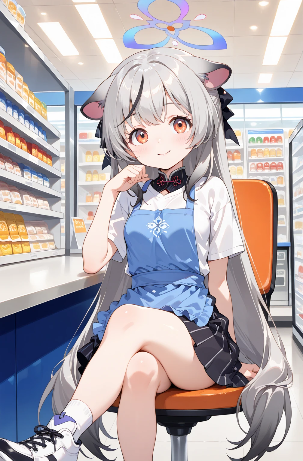 obra maestra, best quality, Highres, only 1 girl , ZzKokona, orange eyes, grey hair, long hair, multicolored hair, animal ears, streaked hair, black hair, halo, very long hair, tiger ears , Blue Apron ,white shirt, skirt, white socks, sneakers , happy expression,pose seated in a futuristic chair with crossed legs, en la mesa registradora,( looking directly at the viewer, making strong eye contact), small breasts, close view, close-up portrait, background of futuristic convenience store.