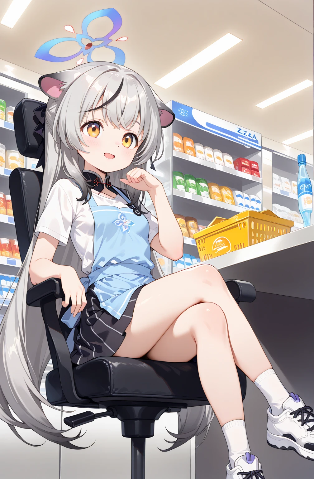 obra maestra, best quality, Highres, only 1 girl , ZzKokona, orange eyes, grey hair, long hair, multicolored hair, animal ears, streaked hair, black hair, halo, very long hair, tiger ears , Blue Apron ,white shirt, skirt, white socks, sneakers , happy expression,pose seated in a futuristic chair with crossed legs, en la mesa registradora,( looking directly at the viewer, making strong eye contact), small breasts, close view, close-up portrait, background of futuristic convenience store.