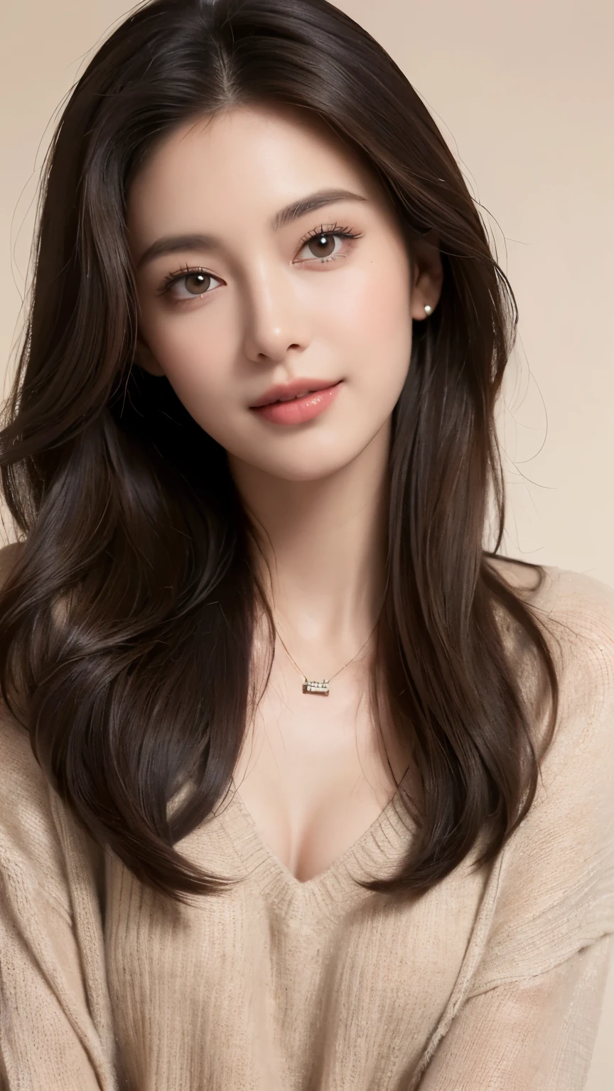 best quality, Practical, Very detailed, Finely, high resolution, 8k wallpaper, A beautiful woman,, Light brown messy hair, He was wearing a black see-through open-neck shirt........, Clear focus, Perfect dynamic composition, Exquisite and detailed, In wavy hair, Detailed Practical skin texture, Smile, Close-up portrait, Model body type、#39;secretary、