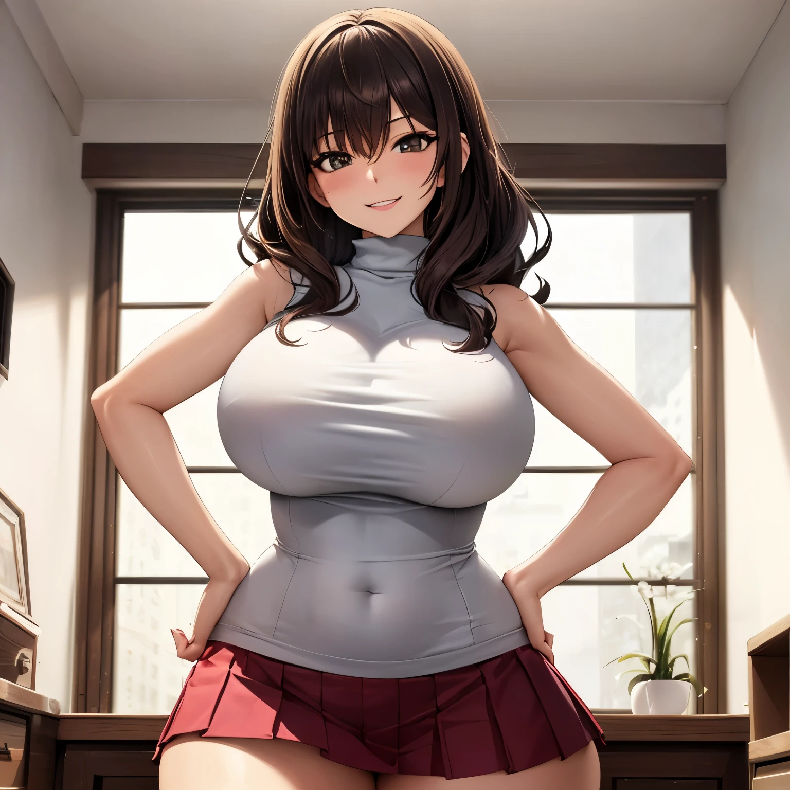 La mejor calidad, Obra maestra:1.2, Ultra detallado, realista:1.37, Altas Resoluciones, chica pelirroja, Ropa ligera y ajustada, tetas grandes,