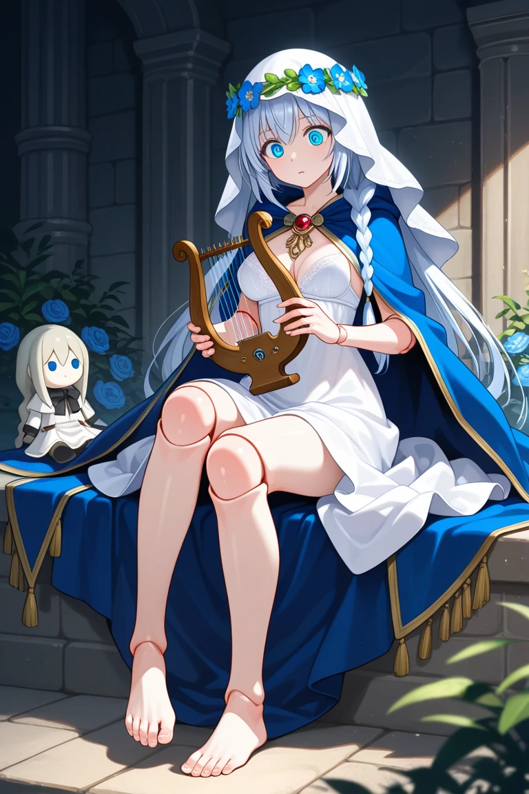((best quality)), ((official art)), ((masterpiece)), textile shading, ((ultra-detailed)), solo, full color, (1girl, solo, bssmsuperoutfit, circlet, white leotard,,blue sailor collar, sleeveless, heart brooch, miniskirt, white gloves, hairstyle, hairlength , detailed face, (full body:1.1)), (in nature) (best quality, highres, ice skull:1.1), ice skull, girl style, thick body art, detailed facial features, icy blue eyes, glossy lips, long eyelashes, porcelain skin, blue and silver color scheme, intricate skull design, realistic texture, vibrant colors, elaborate background, mysterious atmosphere, frozen garden, snow-covered trees, sparkling ice crystals, surreal lighting, fantasy elements