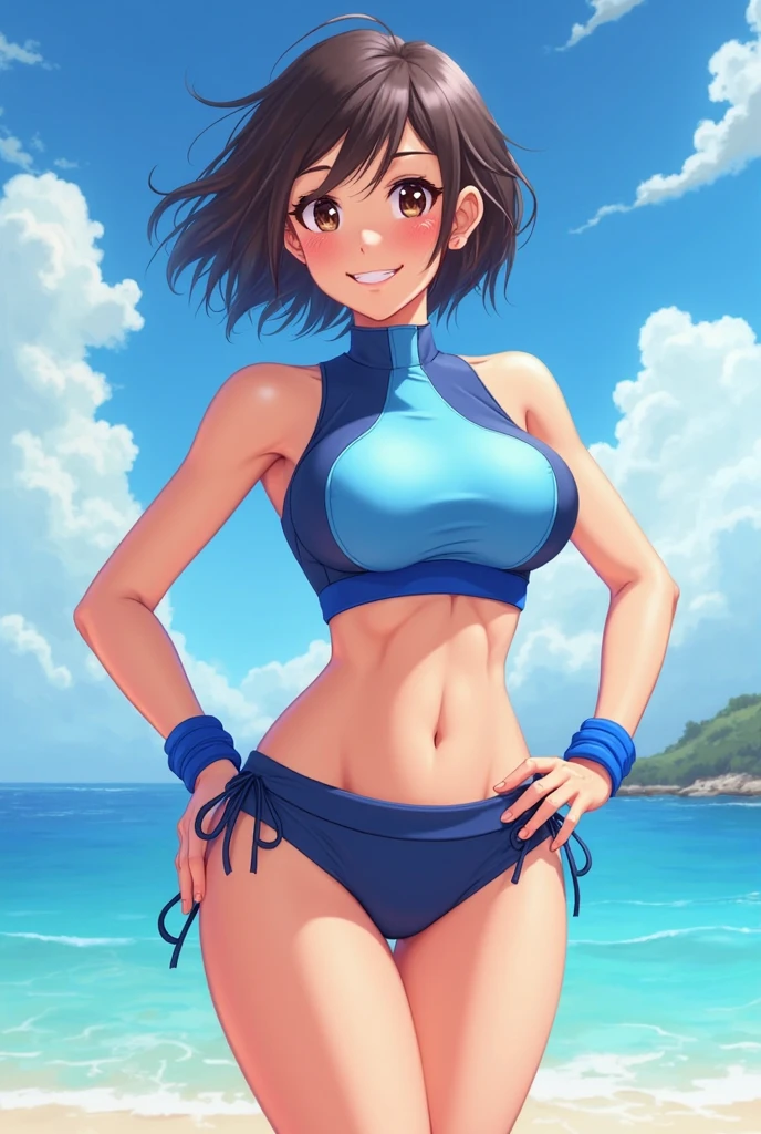 wear blue bikini,gigntic breasts,cute smile