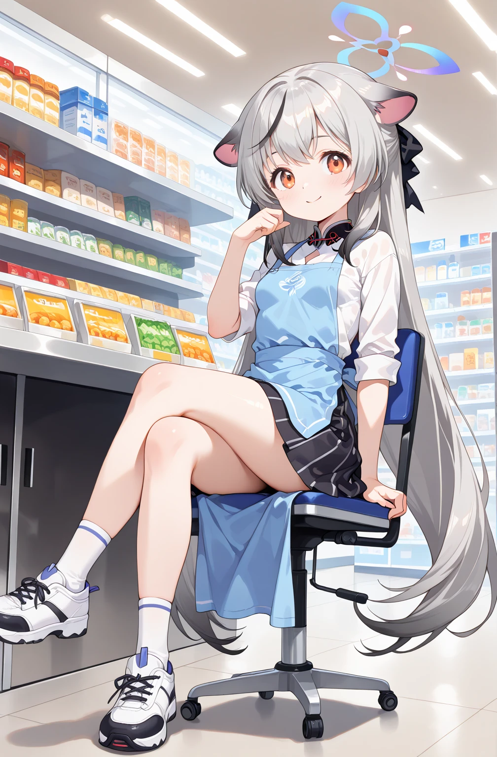 obra maestra, best quality, Highres, only 1 girl , ZzKokona, orange eyes, grey hair, long hair, multicolored hair, animal ears, streaked hair, black hair, halo, very long hair, tiger ears , Blue Apron ,white shirt, skirt, white socks, sneakers , happy expression,pose seated in a futuristic chair with crossed legs, en la mesa registradora,( looking directly at the viewer, making strong eye contact), very small breasts, close view, close-up portrait, background of futuristic convenience store.
