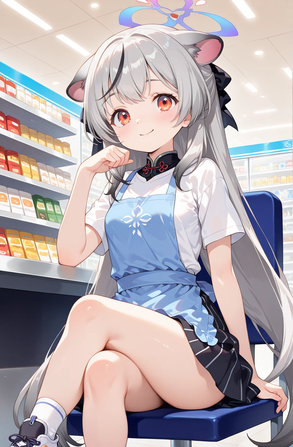obra maestra, best quality, Highres, only 1 girl , ZzKokona, orange eyes, grey hair, long hair, multicolored hair, animal ears, streaked hair, black hair, halo, very long hair, tiger ears , Blue Apron ,white shirt, skirt, white socks, sneakers , happy expression,pose seated in a futuristic chair with crossed legs, en la mesa registradora,( looking directly at the viewer, making strong eye contact), very small breasts, close view, close-up portrait, background of futuristic convenience store.