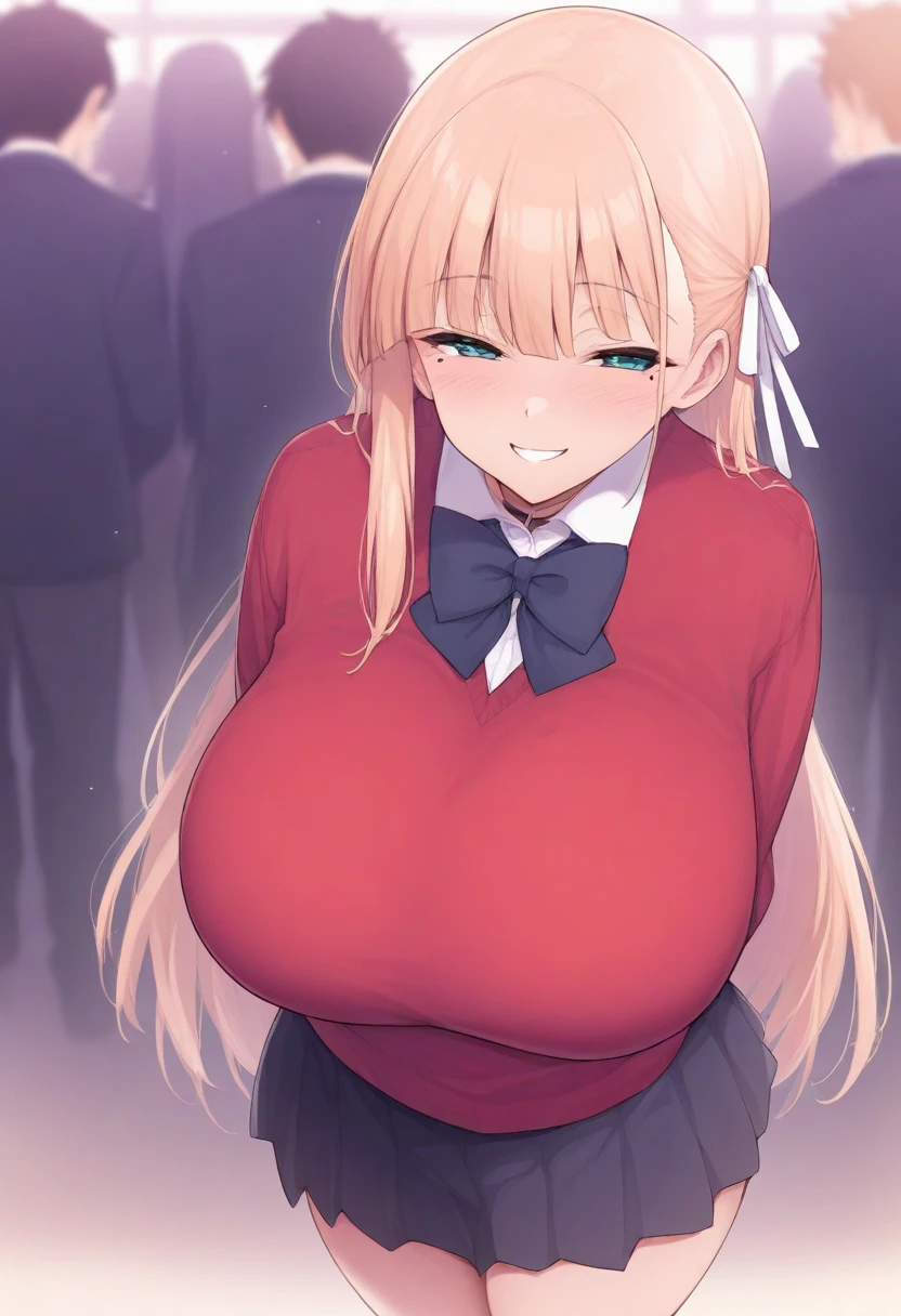 (( close、16K、Highest quality、Attention to detail、Rich skin detail, Browsing Caution、Chubby))、 (Beautiful Eyes), ((Sex、4人の中年男性とSex、Surrounded by multiple dicks、bukkake))、((Huge breasts、Armpits、Hands behind head、Spreading her legs、Sitting、Sweat、vapor))、 ((Shirt lift、Huge nipples))、((Blonde、white high leg panties、Red ribbon))、(Cheerleader、Red short dress、Red mini skirt)、(((blue eyes、Three white eyes)))、((Twin tails、Long Hair、Straight hair)), ((blush))、(Wide Hips、Thick thighs)、((((surprised、Embarrassing))))、((On stage))