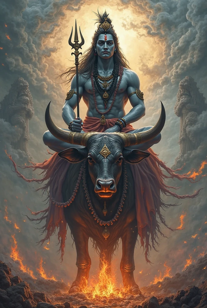 Lord shiva riding Nandi with a fierce look, angry, fire burning around with ashes flying, ultra realistic, realistic, real life, moody.